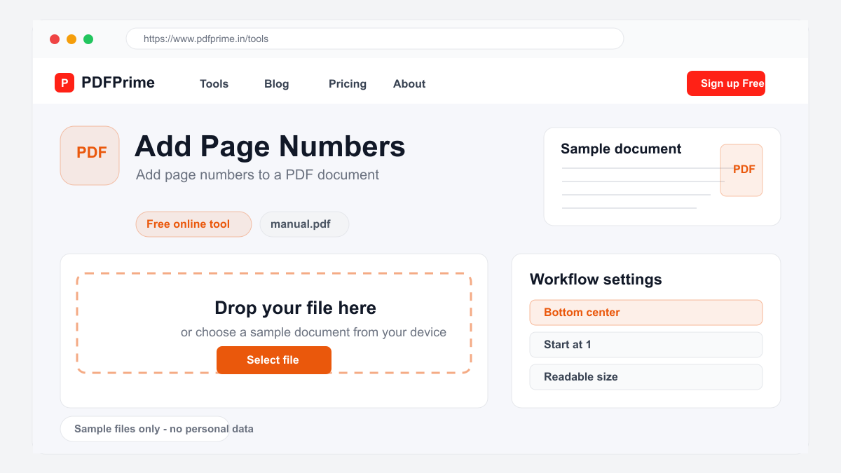 Add Page Numbers screen on PDFPrime showing the upload area and document workflow.