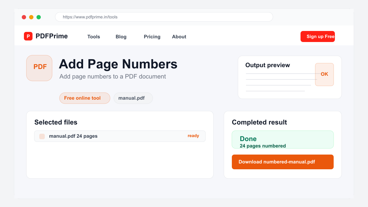 Add Page Numbers completed result and download screen on PDFPrime.