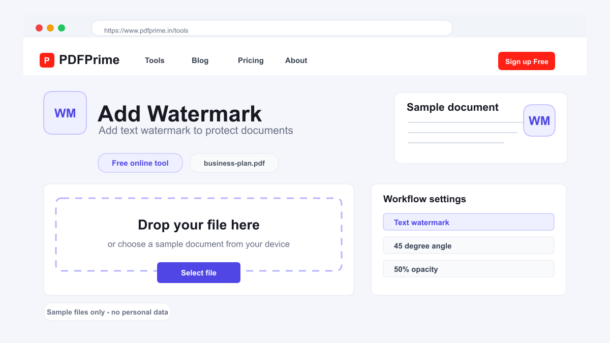 Add Watermark screen on PDFPrime showing the upload area and document workflow.