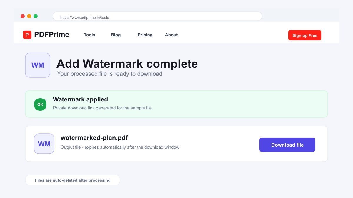 Add Watermark completed result and download screen on PDFPrime.