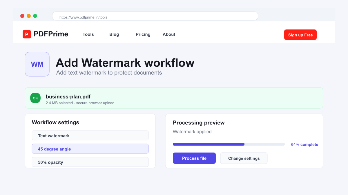 Add Watermark settings and file selection screen on PDFPrime.
