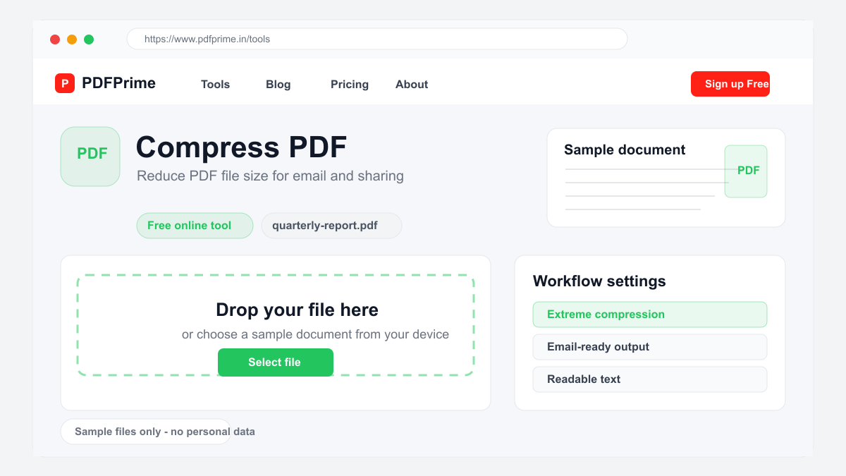 Compress PDF screen on PDFPrime showing the upload area and document workflow.
