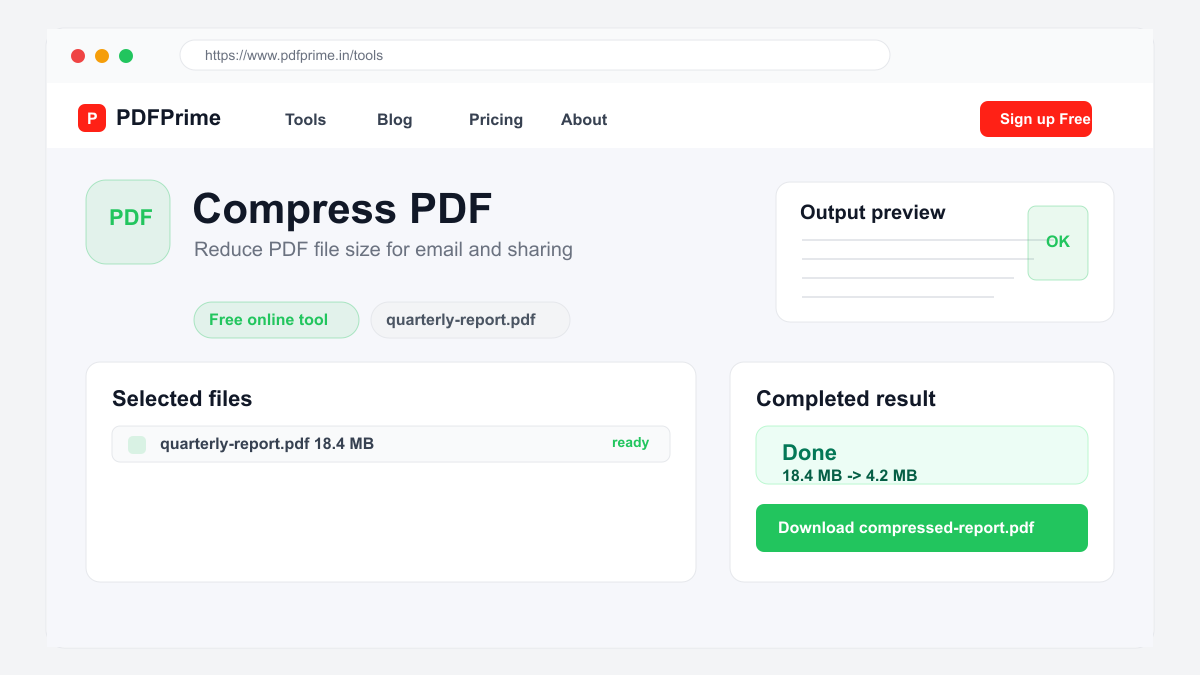Compress PDF completed result and download screen on PDFPrime.