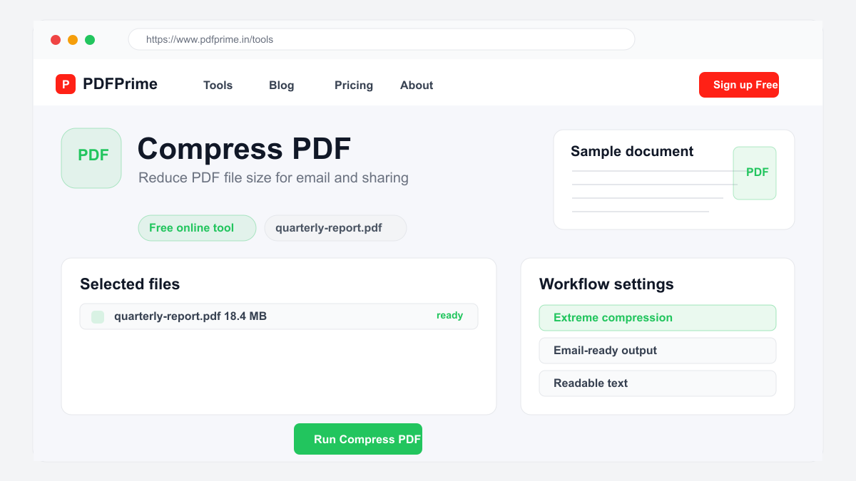Compress PDF settings and file selection screen on PDFPrime.