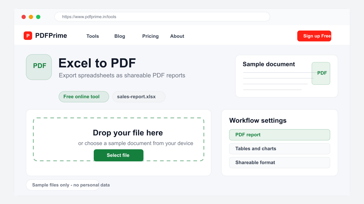 Excel to PDF screen on PDFPrime showing the upload area and document workflow.