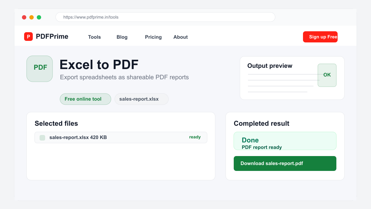 Excel to PDF completed result and download screen on PDFPrime.