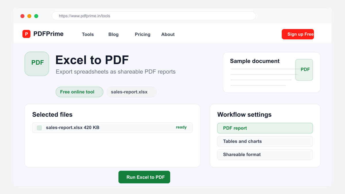 Excel to PDF settings and file selection screen on PDFPrime.