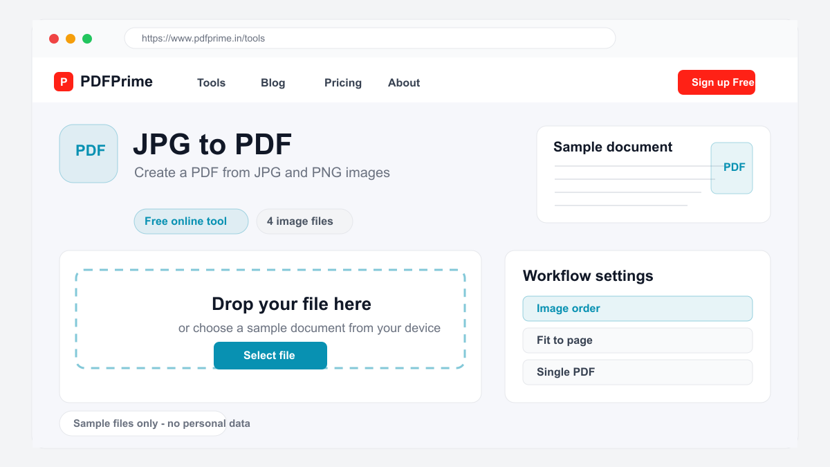 JPG to PDF screen on PDFPrime showing the upload area and document workflow.