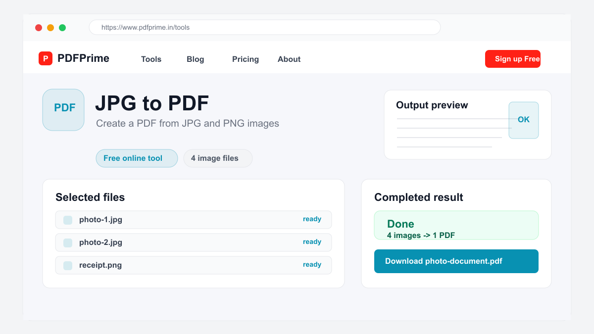 JPG to PDF completed result and download screen on PDFPrime.