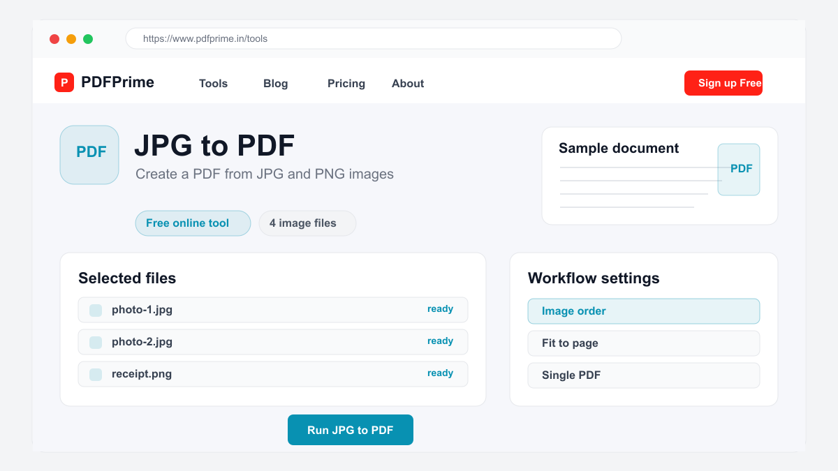 JPG to PDF settings and file selection screen on PDFPrime.