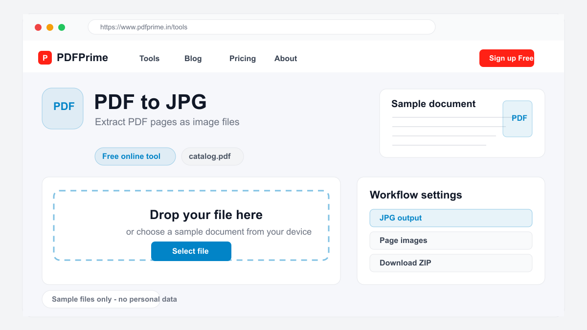 PDF to JPG screen on PDFPrime showing the upload area and document workflow.