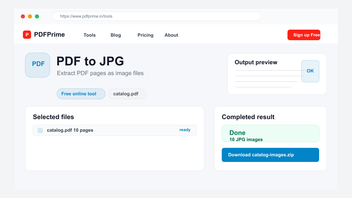 PDF to JPG completed result and download screen on PDFPrime.