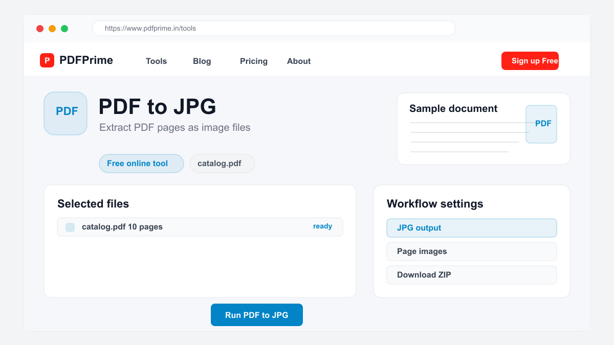 PDF to JPG settings and file selection screen on PDFPrime.