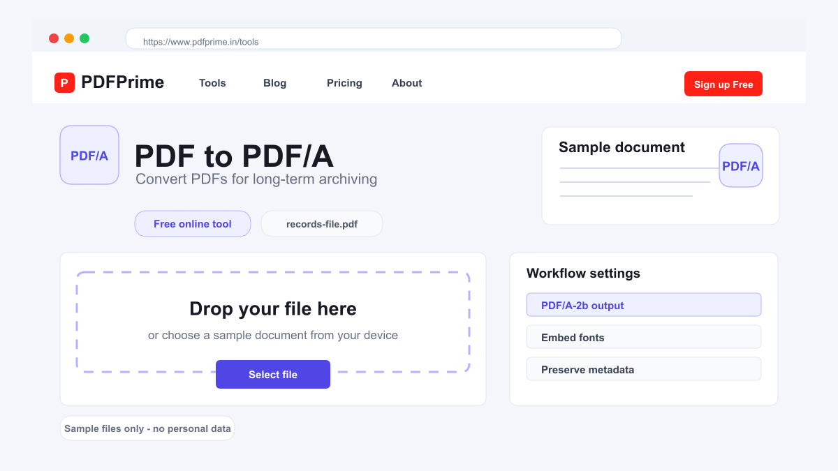 PDF to PDF/A screen on PDFPrime showing the upload area and document workflow.