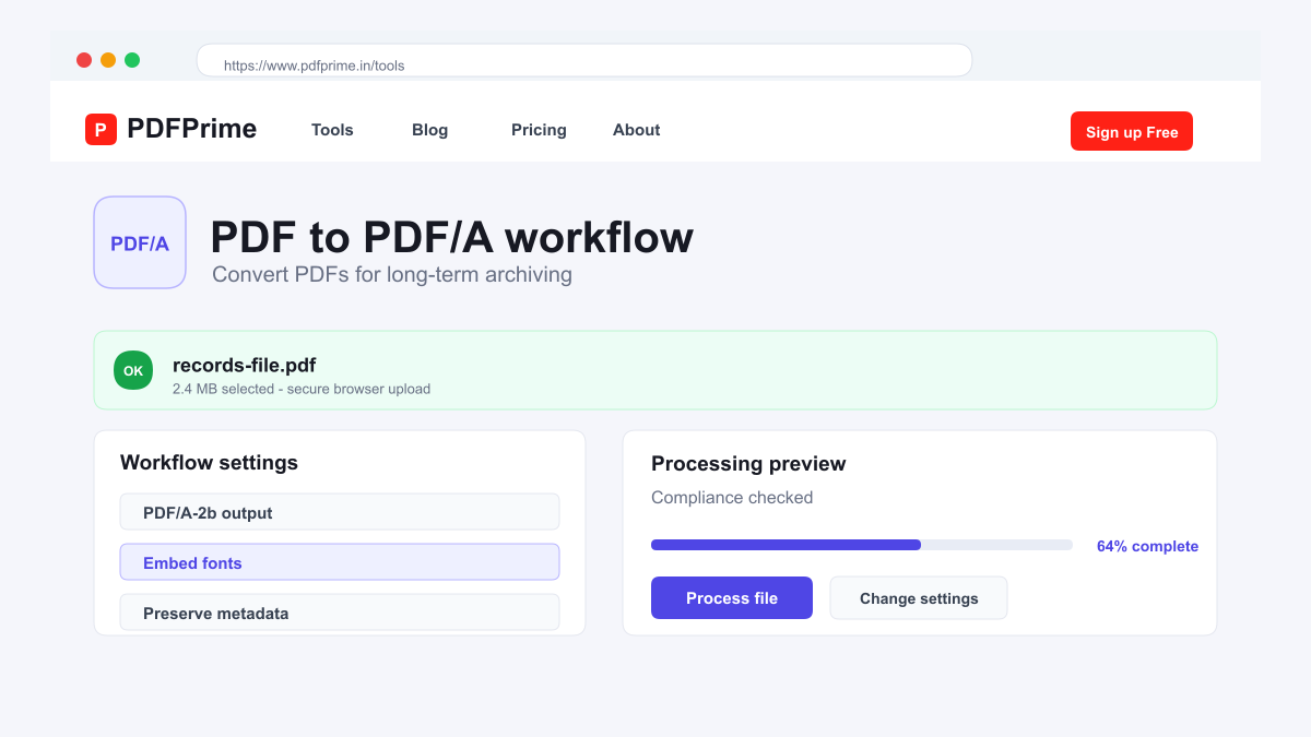 PDF to PDF/A settings and file selection screen on PDFPrime.