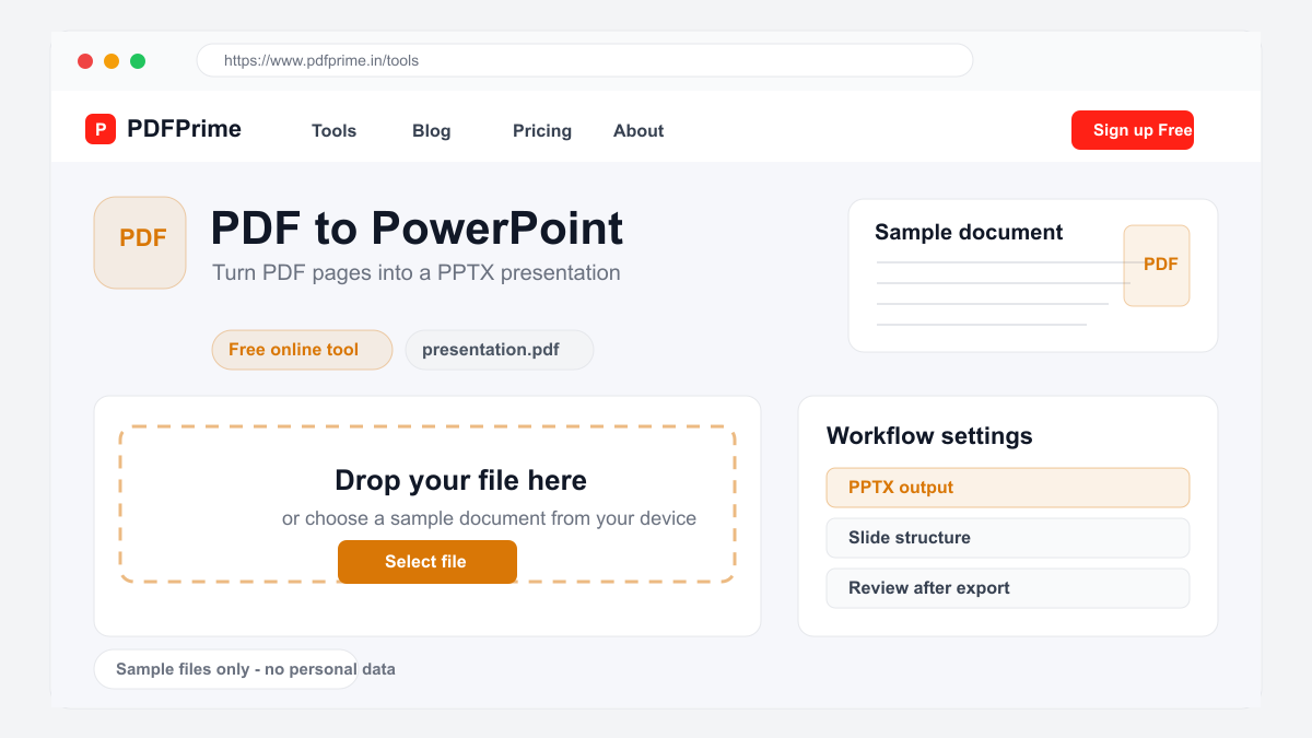 PDF to PowerPoint screen on PDFPrime showing the upload area and document workflow.