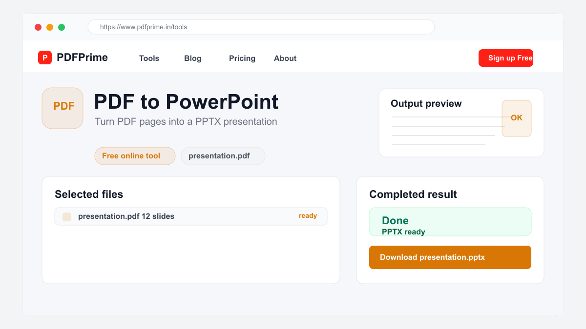 PDF to PowerPoint completed result and download screen on PDFPrime.