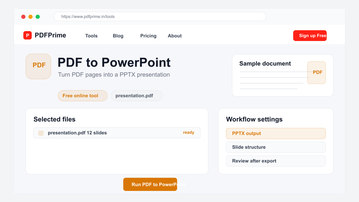 PDF to PowerPoint settings and file selection screen on PDFPrime.