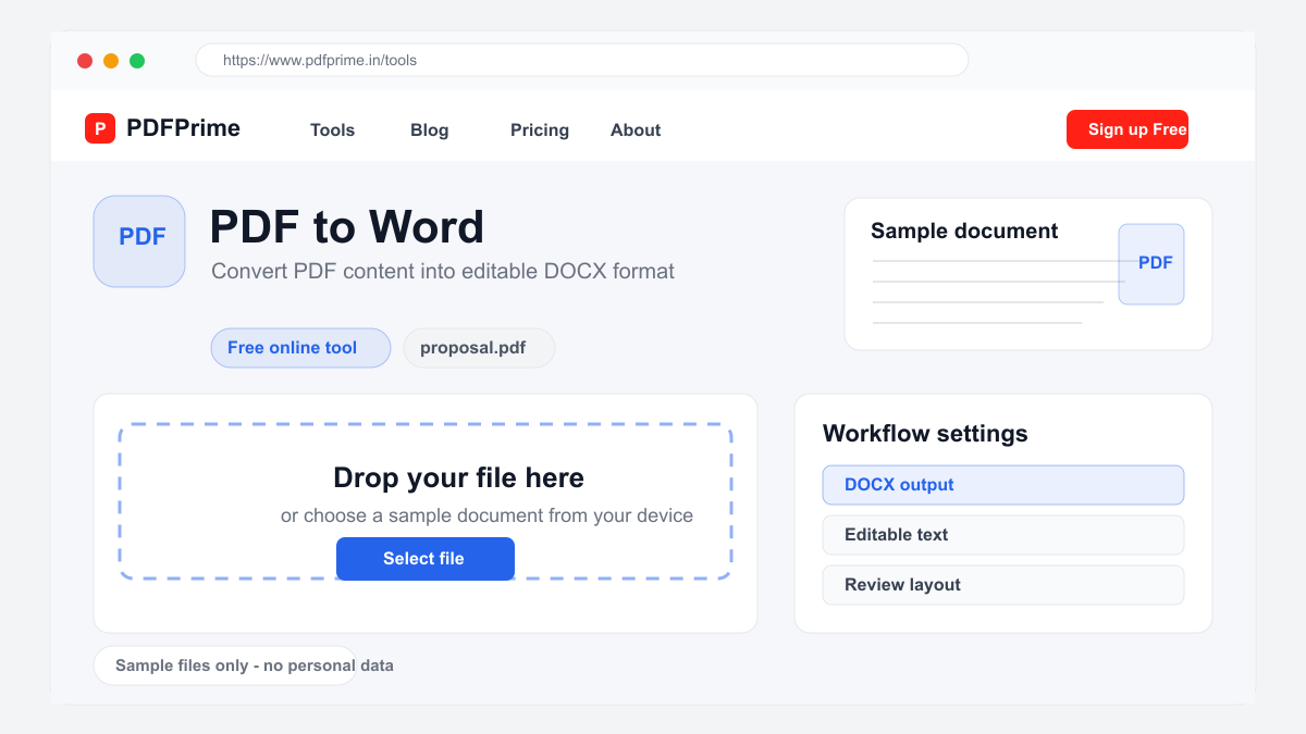 PDF to Word screen on PDFPrime showing the upload area and document workflow.