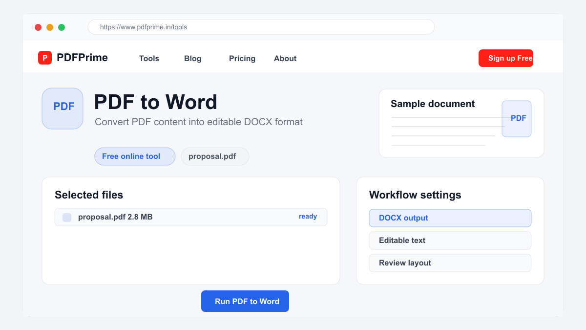 PDF to Word settings and file selection screen on PDFPrime.