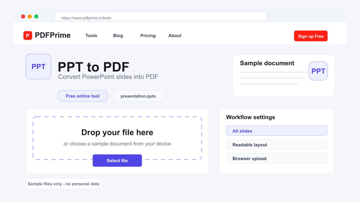 PPT to PDF screen on PDFPrime showing the upload area and document workflow.