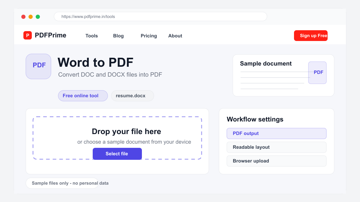 Word to PDF screen on PDFPrime showing the upload area and document workflow.