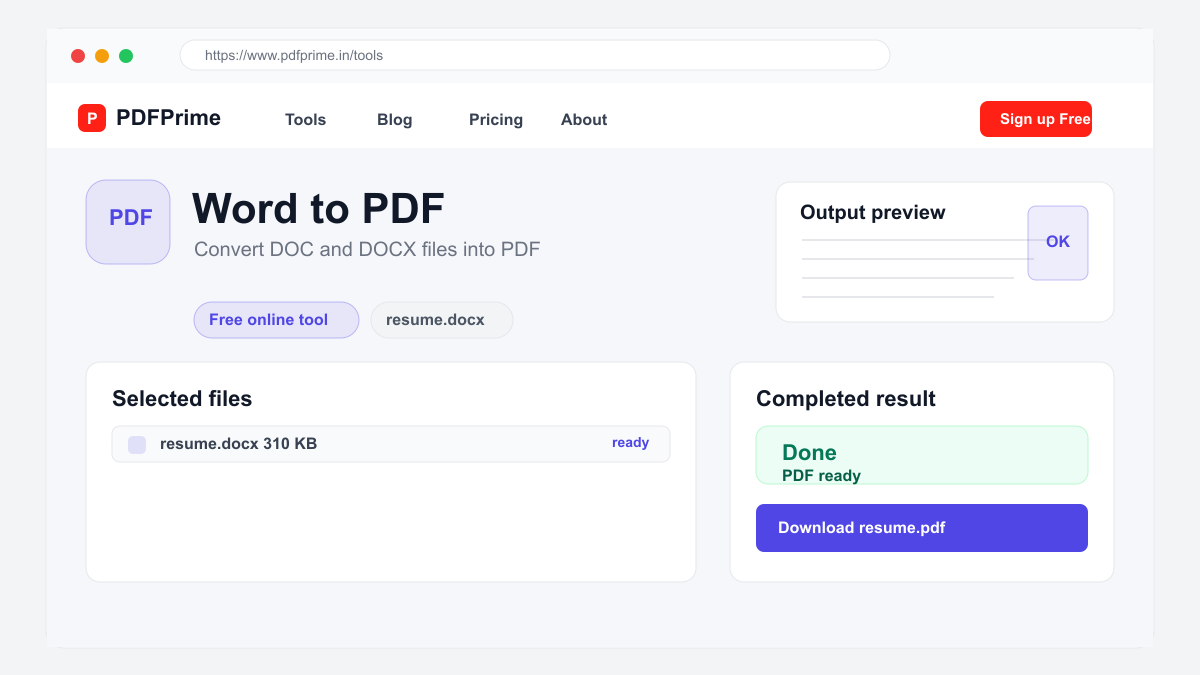 Word to PDF completed result and download screen on PDFPrime.