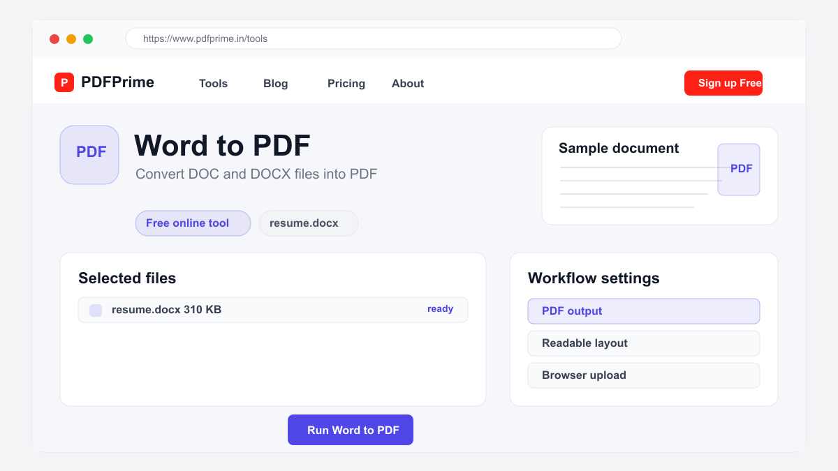 Word to PDF settings and file selection screen on PDFPrime.