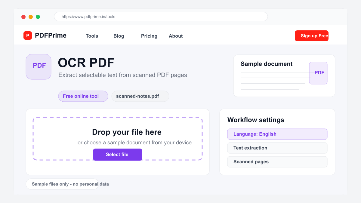 OCR PDF screen on PDFPrime showing the upload area and document workflow.