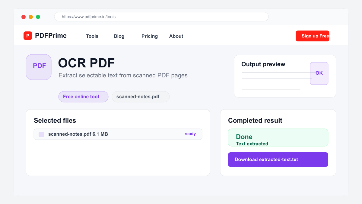 OCR PDF completed result and download screen on PDFPrime.
