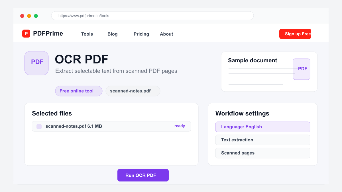 OCR PDF settings and file selection screen on PDFPrime.