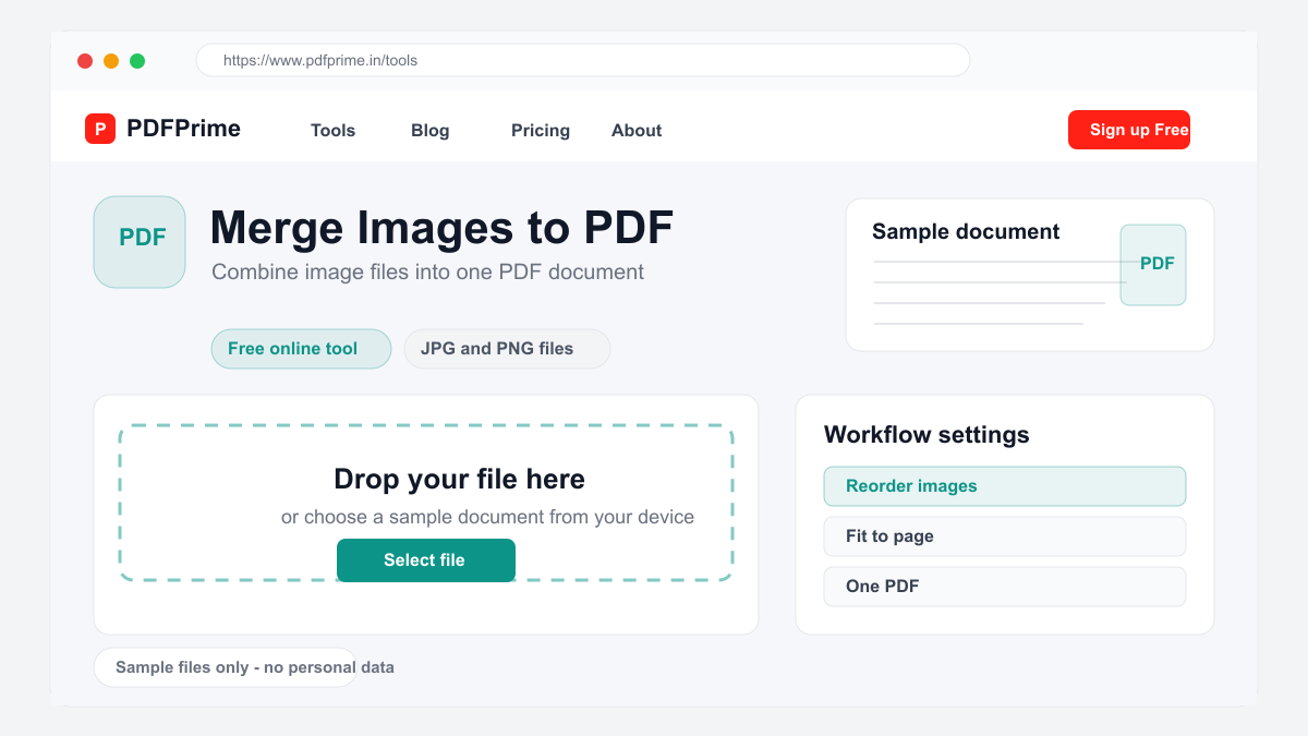 Merge Images to PDF screen on PDFPrime showing the upload area and document workflow.