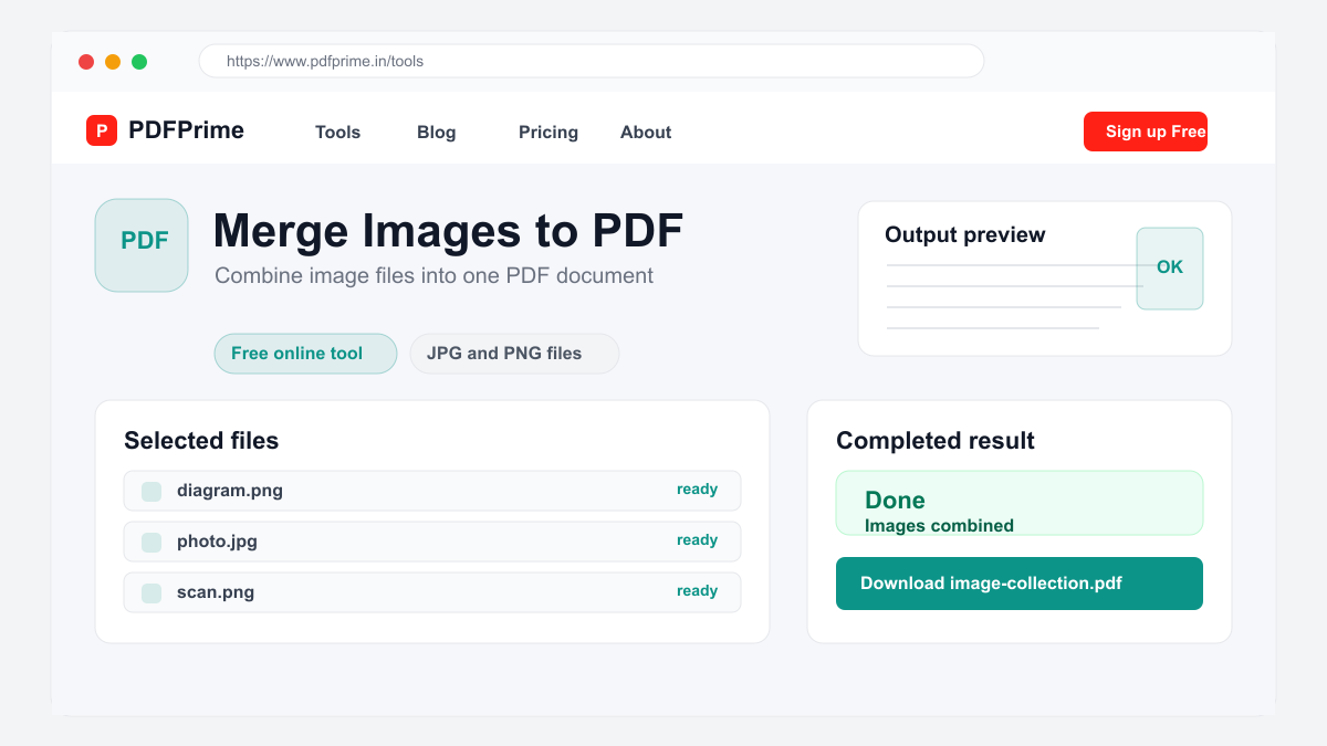 Merge Images to PDF completed result and download screen on PDFPrime.