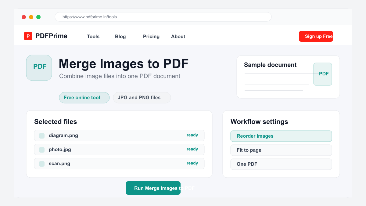 Merge Images to PDF settings and file selection screen on PDFPrime.