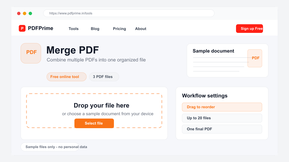 Merge PDF screen on PDFPrime showing the upload area and document workflow.