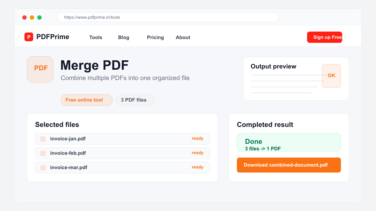 Merge PDF completed result and download screen on PDFPrime.