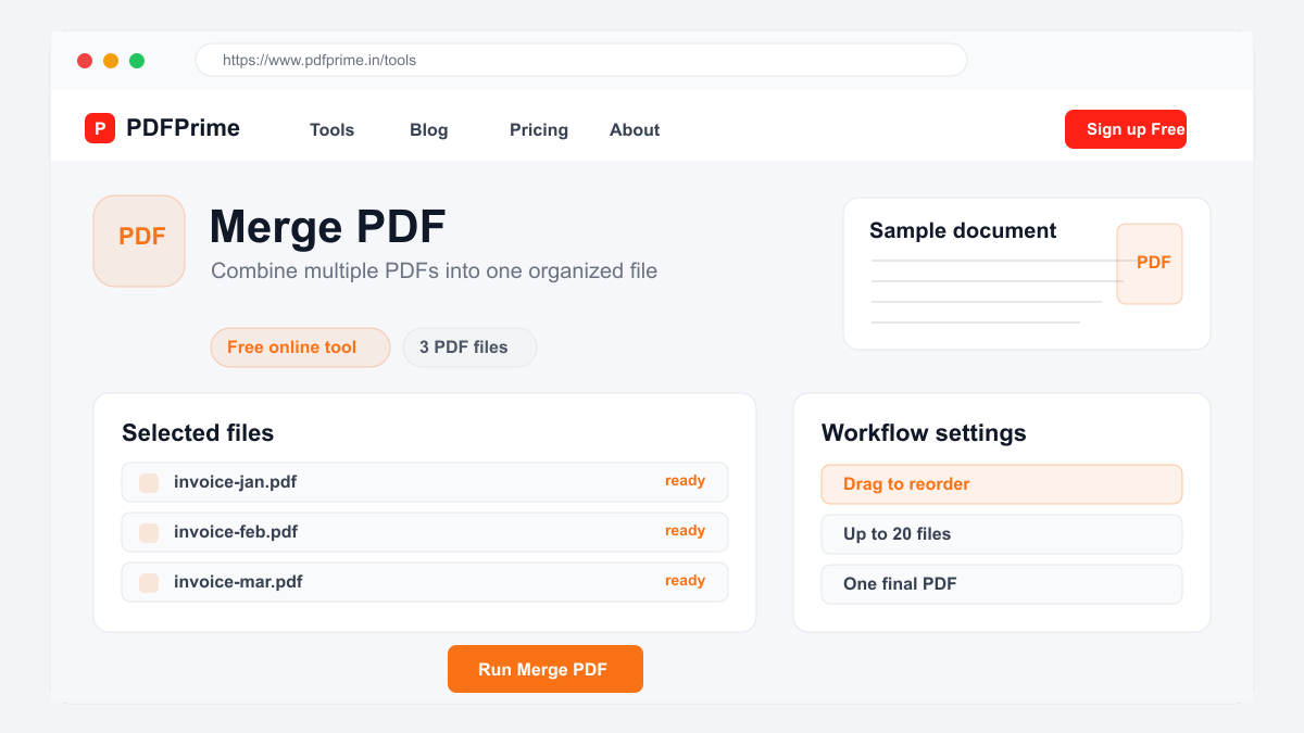 Merge PDF settings and file selection screen on PDFPrime.