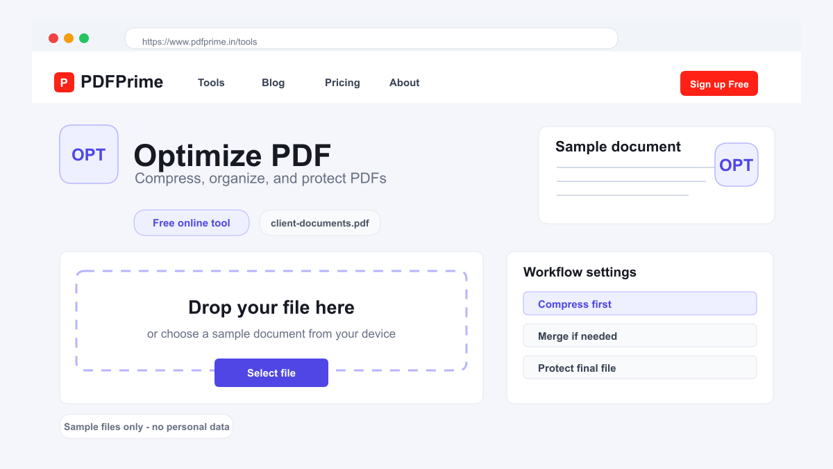 Optimize PDF screen on PDFPrime showing the upload area and document workflow.