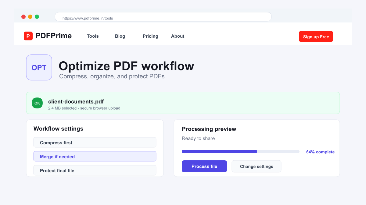 Optimize PDF settings and file selection screen on PDFPrime.