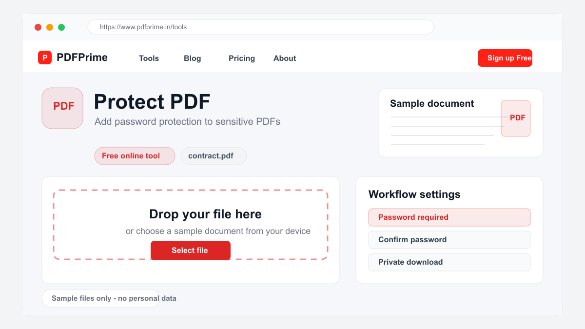 Protect PDF screen on PDFPrime showing the upload area and document workflow.