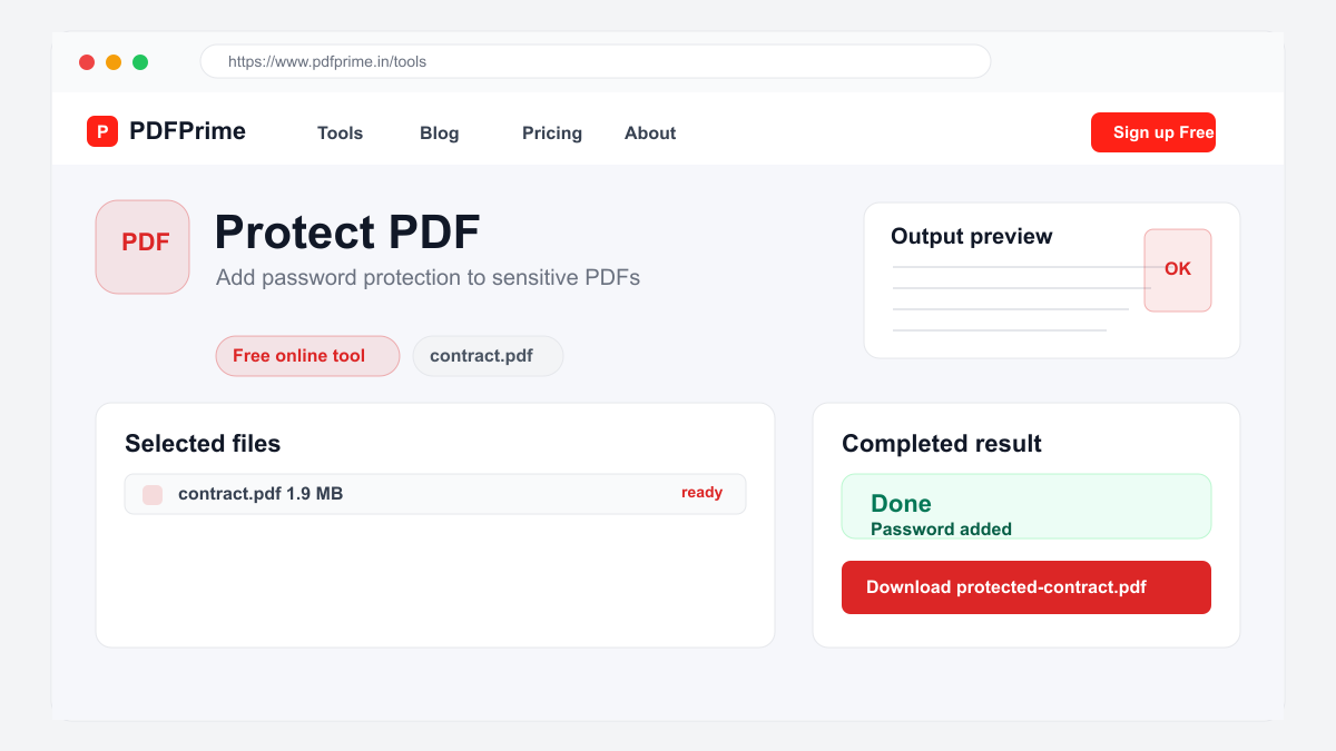 Protect PDF completed result and download screen on PDFPrime.