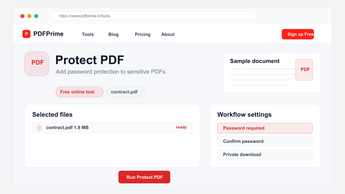 Protect PDF settings and file selection screen on PDFPrime.