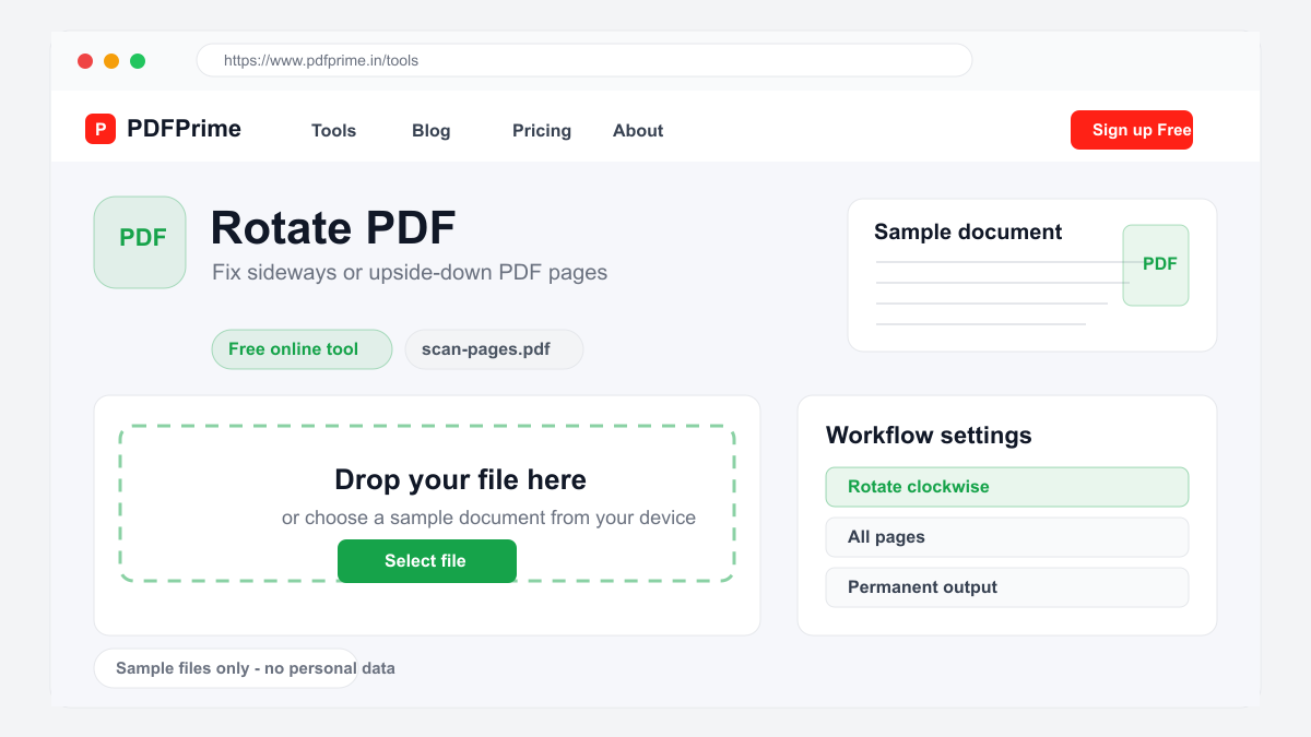 Rotate PDF screen on PDFPrime showing the upload area and document workflow.