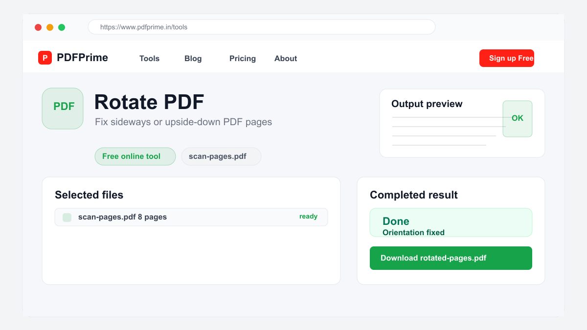 Rotate PDF completed result and download screen on PDFPrime.