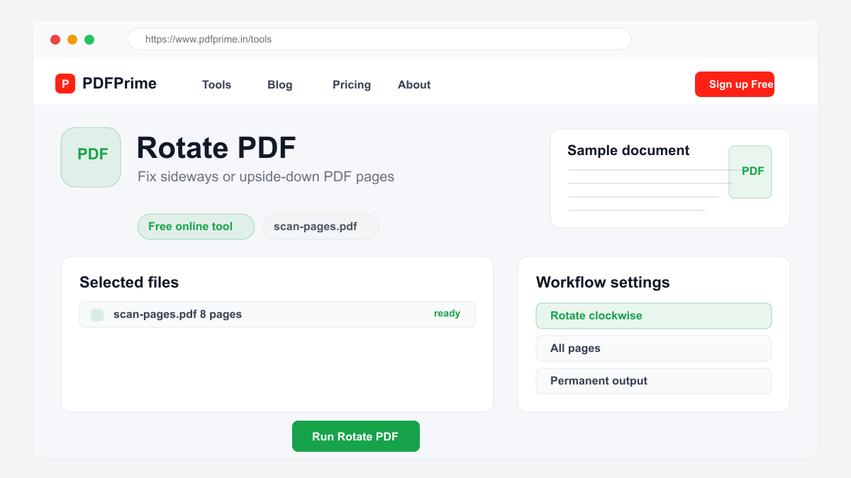 Rotate PDF settings and file selection screen on PDFPrime.