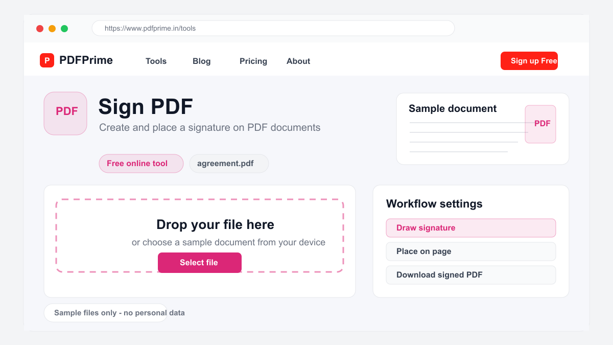 Sign PDF screen on PDFPrime showing the upload area and document workflow.