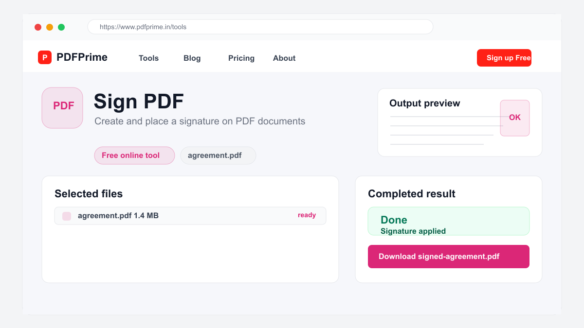 Sign PDF completed result and download screen on PDFPrime.