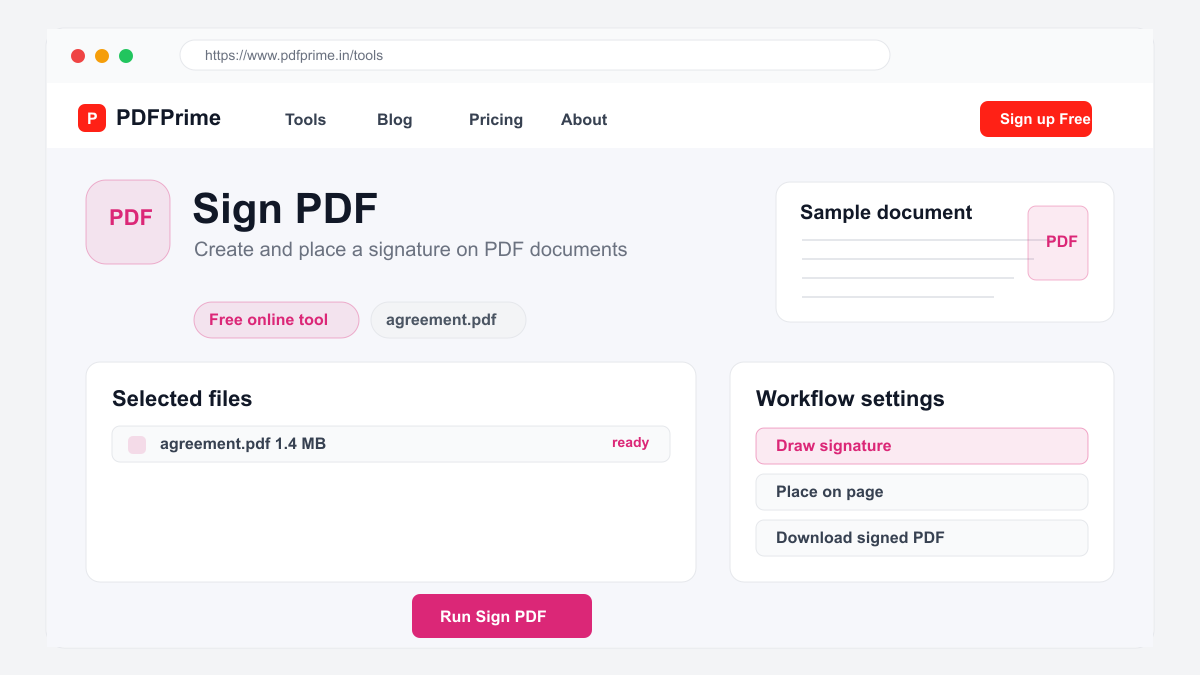 Sign PDF settings and file selection screen on PDFPrime.