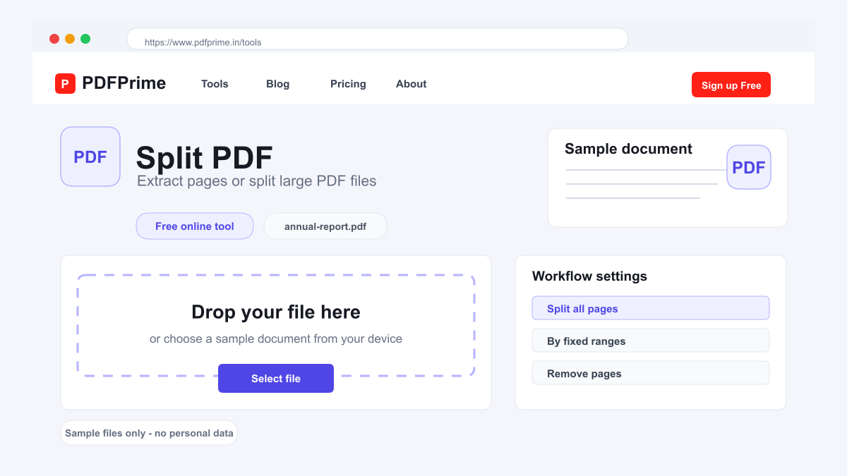 Split PDF screen on PDFPrime showing the upload area and document workflow.