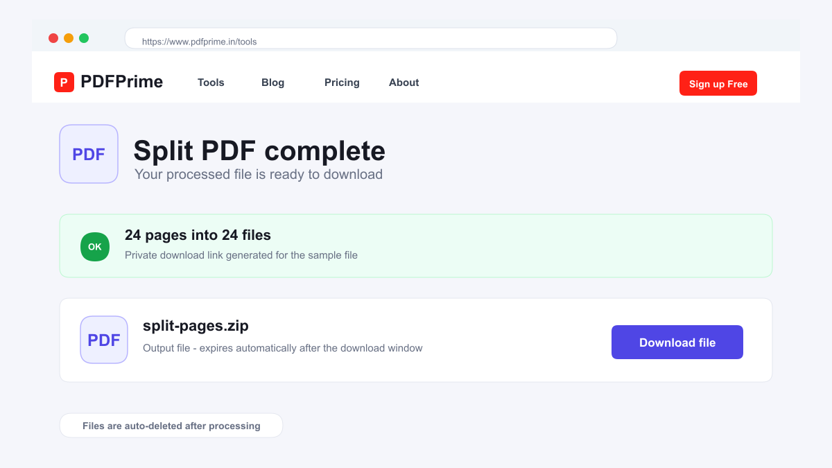 Split PDF completed result and download screen on PDFPrime.
